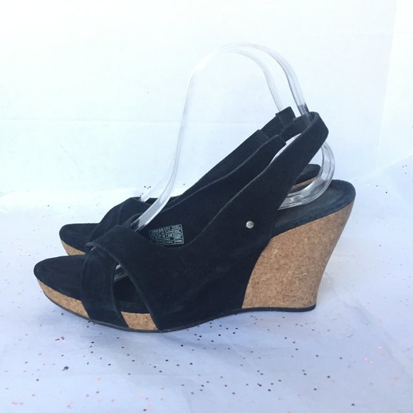 Ugg Hazel Black Suede Cork Wedge Sandal Sling - 8
